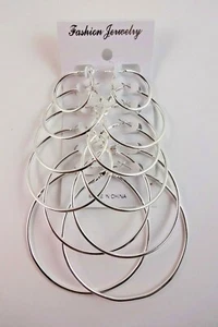 Hoop Earrings Thin 6 Pairs Silver Metal Spring Clasp - Picture 1 of 9