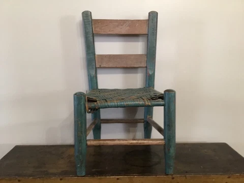 Antique Vintage Child’s Primitive Ladder Back Chair Woven Seat Original Paint Cover