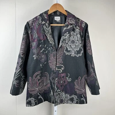 Chico's 提花夹克女式 2 码美国大号 12 黑色紫色花卉 — 第 1/4 张图片