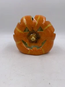 Vintage Ceramic Pumpkin Candle Holder Smashed Face Different and Unique - Picture 1 of 10