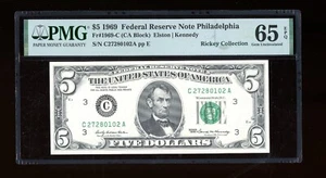 DBR 1969 $5 FRN Philadelphia Gem Fr. 1969-C PMG 65 EPQ Serial C27280102A - Picture 1 of 2
