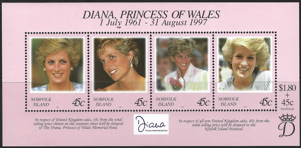 Norfolk Island SG# 665 1998 Diana Princesa de Gales mini hoja como nueva MUH MNH Foto 1 de 1