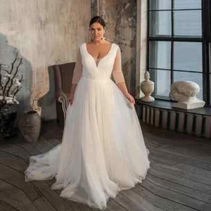 Elegant Wedding Dresses V Neck Long Sleeves Pleats BridalGown Applique Plus Size - Picture 1 of 8