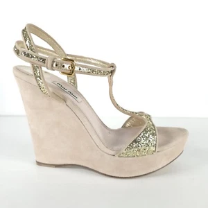 MIU MIU MADE IN ITALY ๐ฎ๐น Suede Glitter Accents T-Strap Wedge Sandals Size 38 - Picture 1 of 15