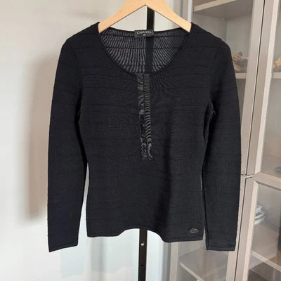 Chanel Black Wool Scoop Neck Sweater Hook & Eye Placket Logo Long Sleeves XS - Image 1 of 4