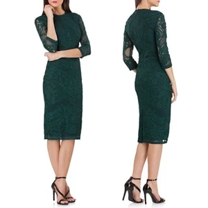 JS Collections Lace Dress Forest Sheer Sleeve Soutache Midi Sheath Dress Size 2 - Picture 1 of 14