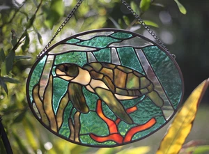 Handgefertigte Buntglas Sonnenfänger Panel Meeresschildkröte 12" - Bild 1 von 3