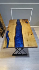Blue Epoxy River Table: Live Edge Chestnut Dining Table, Custom Resin Furniture - Picture 1 of 11