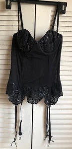 Dreamgirls Women's Medium Corset Black w/Lace & Sequins & Garter Holders ~EUC~ - Picture 1 of 7
