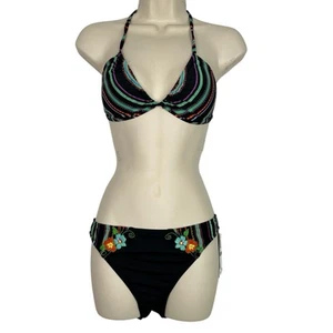 Lucky Brand Floral Embroidered Bikini Set Sz L Black Multicolor Stripe Boho NWT - Picture 1 of 14