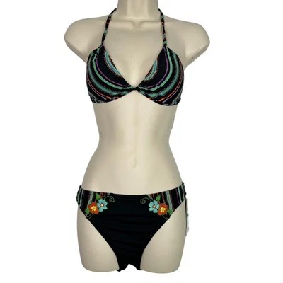Conjunto de Bikini Lucky Brand Floral Bordado Talla L Negro Multicolor Rayas Boho Nuevo con Etiquetas Foto 1 de 4
