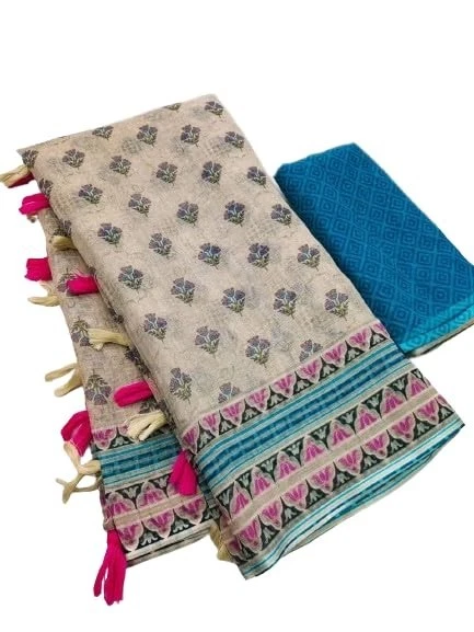 Mujer Nuevo Lo último Estampado Digital Lino Algodón Sari con Blusa Foto 1 de 1