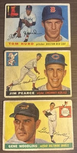 Three Low Grade 1955 Topps #116 Tom Hurd, #170 Jim Pearce y #190 Gene Woodling - Imagen 1 de 2