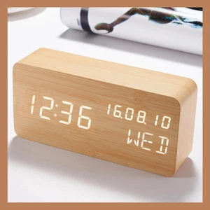 Wood Digital Alarm Clock LED Display Date Day Temp Nightlight Bamboo - Picture 1 of 9