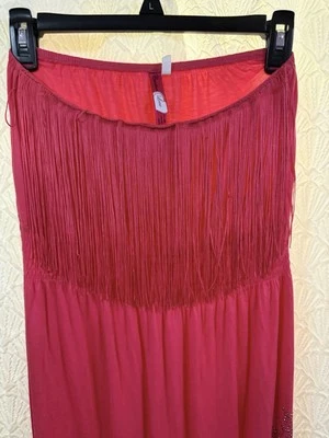 Maxi vestido sin tirantes rosa lápiz labial Christina Love con flecos en la parte superior y pedrería Foto 1 de 4