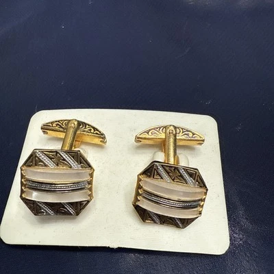 Vintage SPAIN Damascene Gold Tone Black Enamel Mother of Pearl Cuff Links - Image 1 of 4