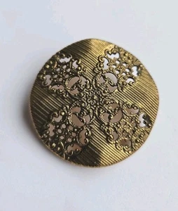 Large Antique/ Vint Brass Filigree, Etched Domed w/ Interesting 4 Corners Button - Picture 1 of 4