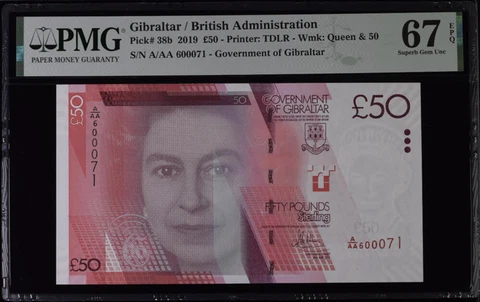 Gibraltar 50 Pounds 2019 P 38 b Superb Gem UNC PMG 67 EPQ Cover