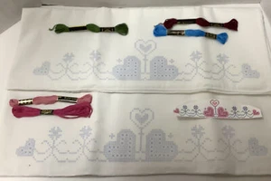 SET OF STAMPED PILLOWCASES WITH THREAD & PATTERN-HEARTS & FLOWERS - Picture 1 of 5