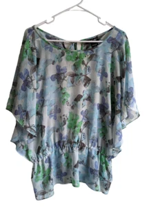 Lord & Taylor Women's Blue Floral Sheer Overlay Blouse Top Size Medium - Picture 1 of 7