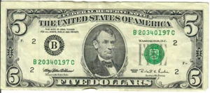 1995 5$ FRN - Small portrait w/ security thread - MEW/RER B20340197C - #15316 - Picture 1 of 2
