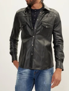 Herren Echt Lammleder Leder Hemd Biker Freizeithemd Party Club Style Shirt - Bild 1 von 4