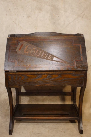 Antique 1920's Drop Front Desk Louise Folk Art Art Crafts Mission Signed Dated Cover
