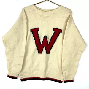 Vintage Grandpa Knit Wool Varsity Letterman Sweater Size Large Beige - Picture 1 of 4