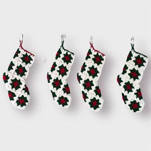 Set of 4 Granny Square Christmas Star Handmade Stockings Green Red Holiday Decor - Picture 1 of 12