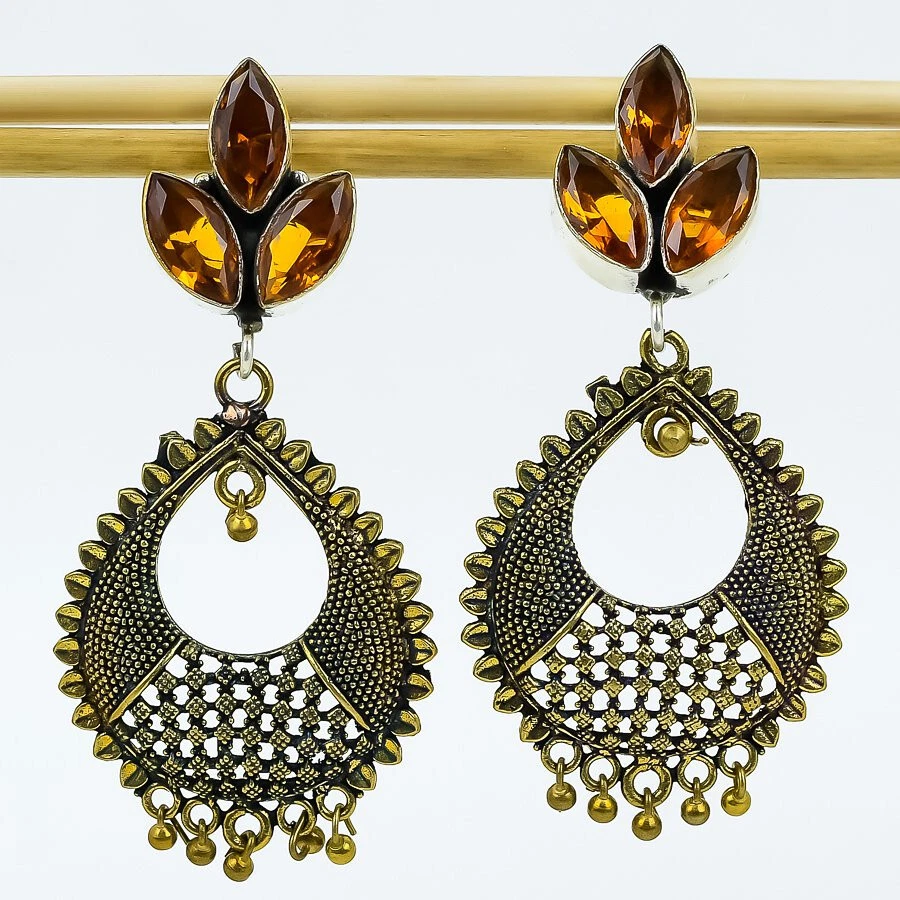 Brincos candelabro folheados a ouro pedra preciosa quartzo citrino joias 2,5" - Imagem 1 de 1