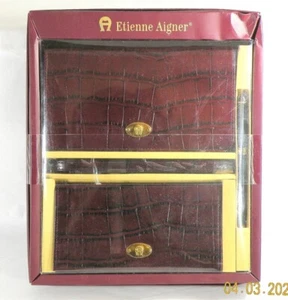 NOS Etienne Aigner Gift Set Croc Leather Clutch Bag Checkbook Pen Burgundy Strap - Picture 1 of 4