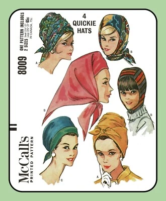 SCARF Kerchief HOOD Pattern Hat TURBAN Adjustable McCall's 8009 VTG 1965 Sewing - Image 1 of 4