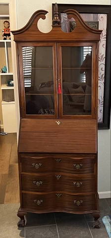 Antique Maddox Red Mahogany Claw Foot Secretary Hutch and Desk With Keys Cover
