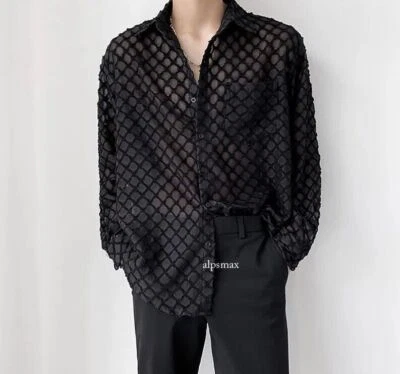 Men Lace Shirt Casual See Through Loose Fit Transparent Party Club Event Top New - Image 1 of 4