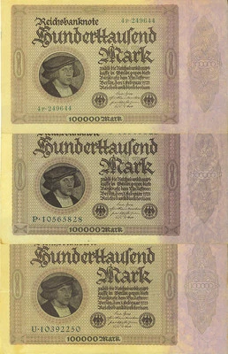 Germany 1923 100000 Mark P-83 Lot of 3 Notes High Grade EF+/AU  - Image 1 of 2