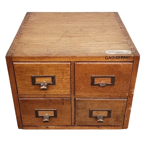 Vintage 4 Drawer Library Card Catalog Box Index Cabinet Dovetail U.S Army Wood Cover