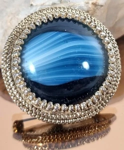 Vintage Sphinx Brooch Mid Century Glass Cabochon Blue Stripe 5cm Retro - Bild 1 von 4
