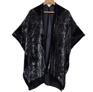 Haus of Denim Kimono Staubtuch OS schwarz silber Seidenmischung Samt Ausbrenner Spitze offen - Bild 1 von 16