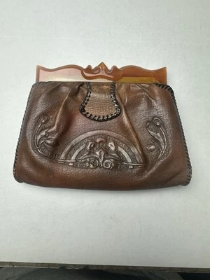 Vintage Tooled Leather purse "Bosca Built" Brown Bakelite Top Clasp - Image 1 of 4