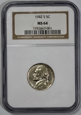1942-S Jefferson 5c Nickel NGC MS 64 Looks Proof Like - Image 1 of 4