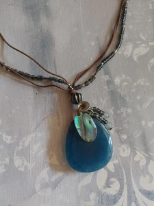 Vintage bead necklace sterling silver 3 layer signed abalone blue quartz agate - Picture 1 of 6