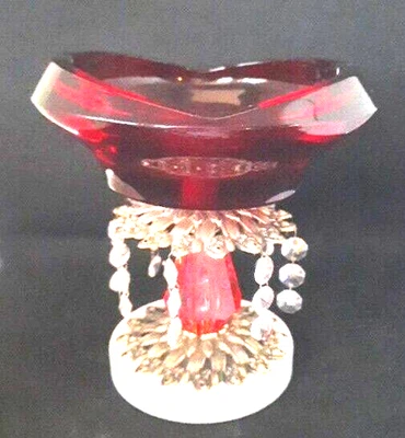 Vintage MCM Viking Glass 7” Ruby Red Horseshoe Ashtray Atop Marble,lucite Metal  - Image 1 of 4