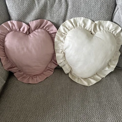 2 VTG Heart Shaped  Throw Pillows, Ruffle Accent Shabby Cottagecore Pink & Beige - Image 1 of 4