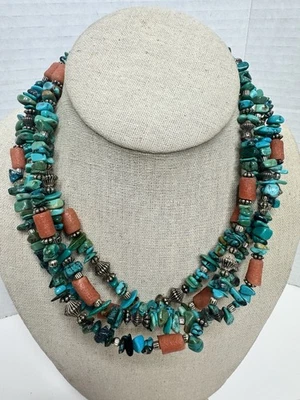 Vtg Handcrafted Turquoise Chip Coral Accent Bead Necklace 4 Strands 925 Clasp - Image 1 of 4