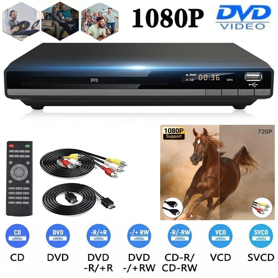 Multimedia DVD Player 1080P All Region Free CD Disc Players HD+RCA Output USA