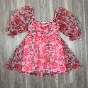 Thirty Thirty LA Pink Red Rose Puff Sleeve Mini Dress, Size L - Picture 1 of 6