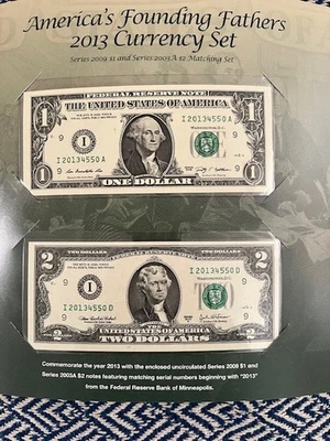 AMERICICAN FOUNDING FATHERS 2013  CURRENCY SET: $1 & $2 MATCHING #'s MINNEAPOLIS - Image 1 of 3