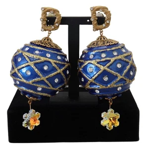 Dolce & Gabbana Gold Brass Blue Dangle Ball Crystal Clip On Women's Earrings - Picture 1 of 6