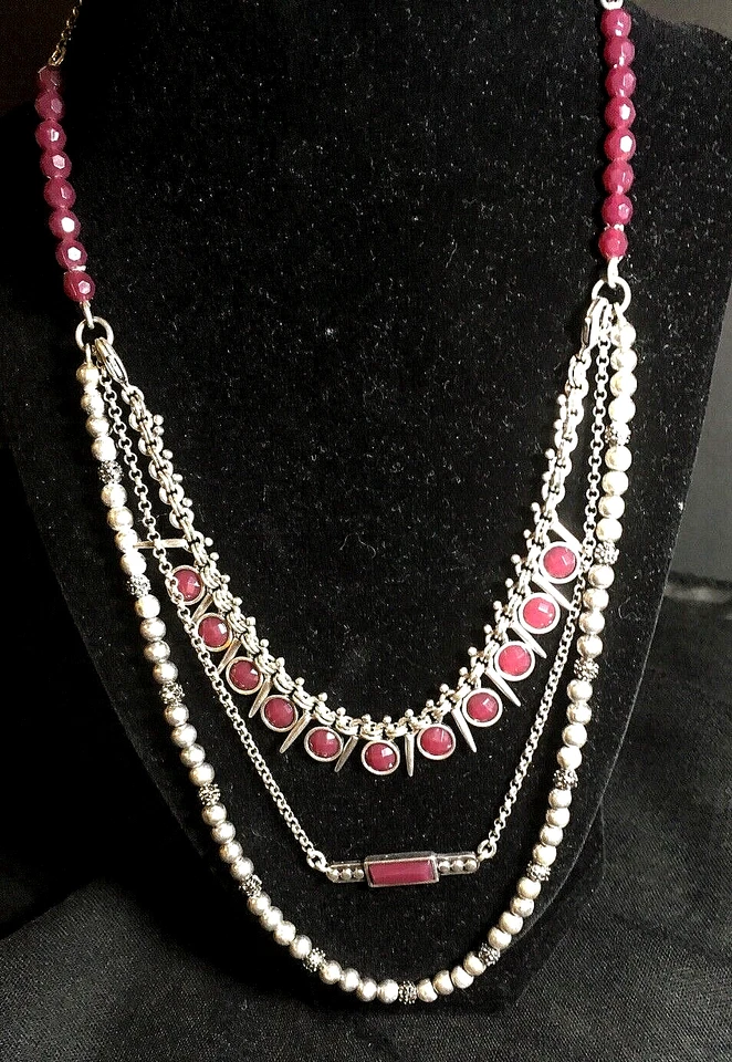 Lucky Brand 2 Piece Necklace With Maroon Stones Southwest Style Silver toned - Image 1 of 4