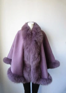 Women's New Purple Violet Cashmere Wool Wrap Cape Fox Fur   - Picture 1 of 4